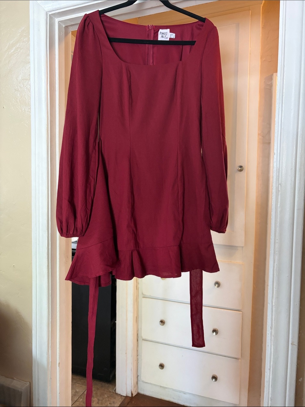 Princess Polly Brand Size 4 Wine-Red Long Sleeve Ruffle-Hem Dress